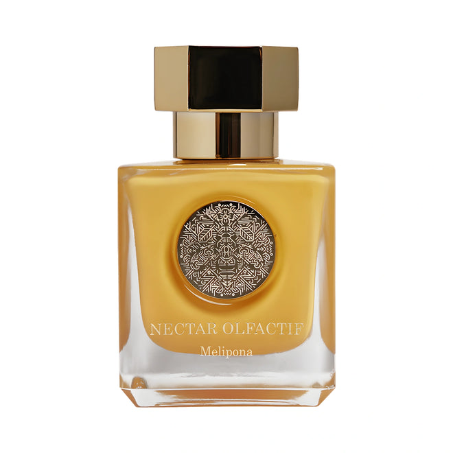 NECTAR OLFACTIF Melipona Extrait de Parfum 100 ml — flacon cubique à la laque couleur miel et bouchon doré hexagonal, sur fond blanc