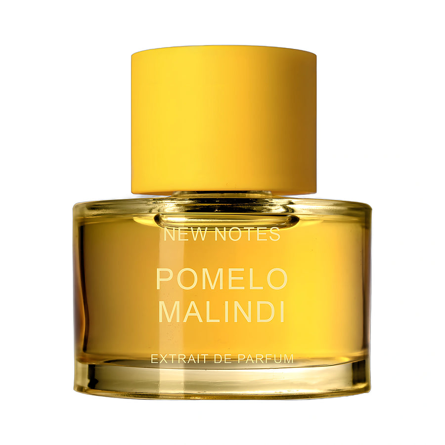 New Notes Pomelo Malindi Extrait de Parfum — flacon jaune solaire sur fond blanc, parfum hesperide boise, parfumerie de niche italienne