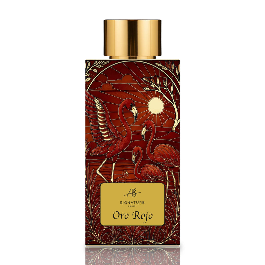AB Signature Paris Oro Rojo Extrait de Parfum 50ml — flacon bordeaux face flamants roses cartouche Oro Rojo Madagascar bouchon doré identique trio