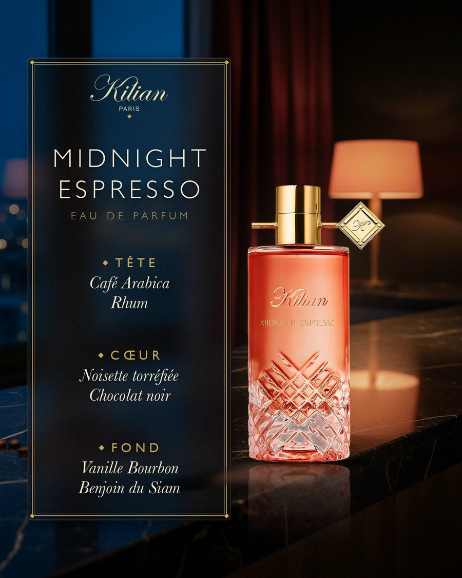 By Kilian — By Kilian Midnight Espresso Eau de Parfum : visuel de la sélection automne-hiver (flacon, notes de tête, de cœur et de fond)
