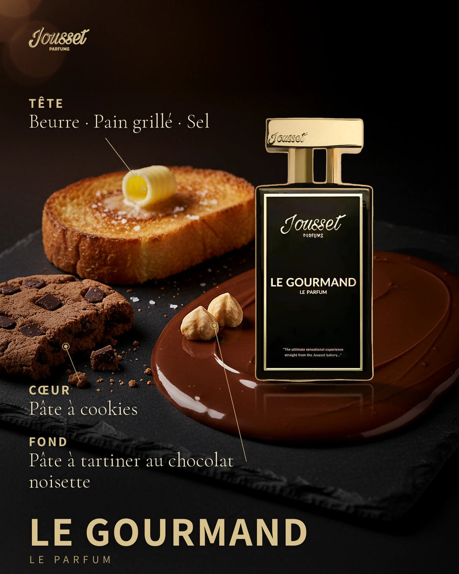 Jousset Parfums — Jousset Parfums Le Gourmand Le parfum : visuel de la sélection automne-hiver (flacon, notes de tête, de cœur et de fond)