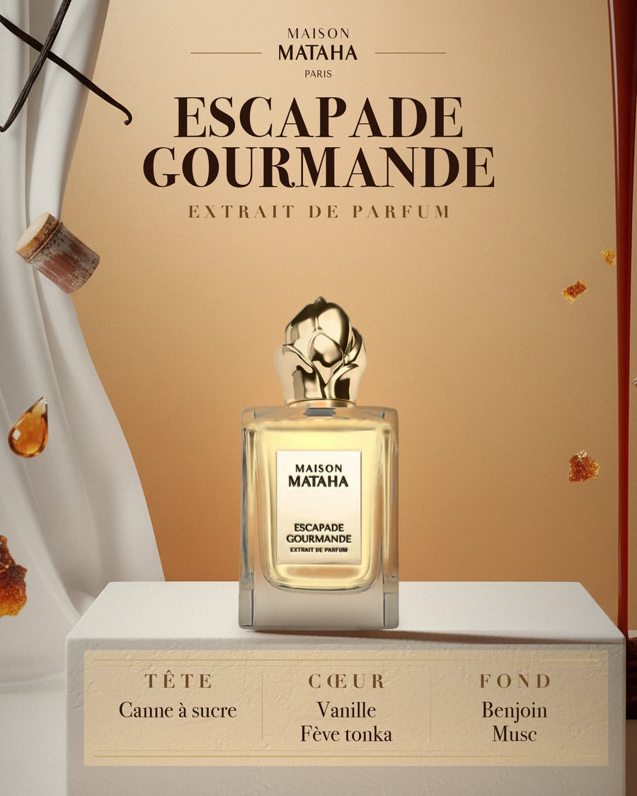 Maison Mataha — Maison Mataha Escapade Gourmande Extrait de parfum : visuel de la sélection automne-hiver (flacon, notes de tête, de cœur et de fond)