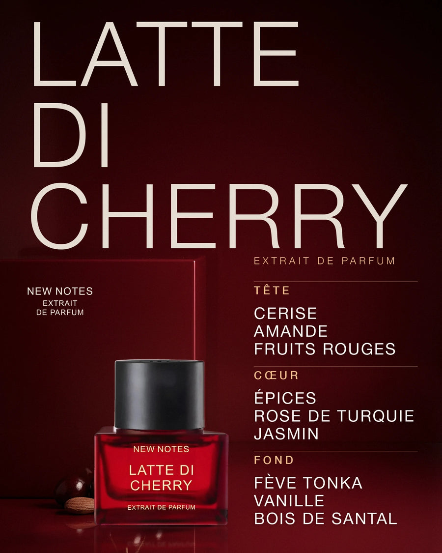 New Notes — New Notes Latte Di Cherry Extrait de parfum : visuel de la sélection automne-hiver (flacon, notes de tête, de cœur et de fond)