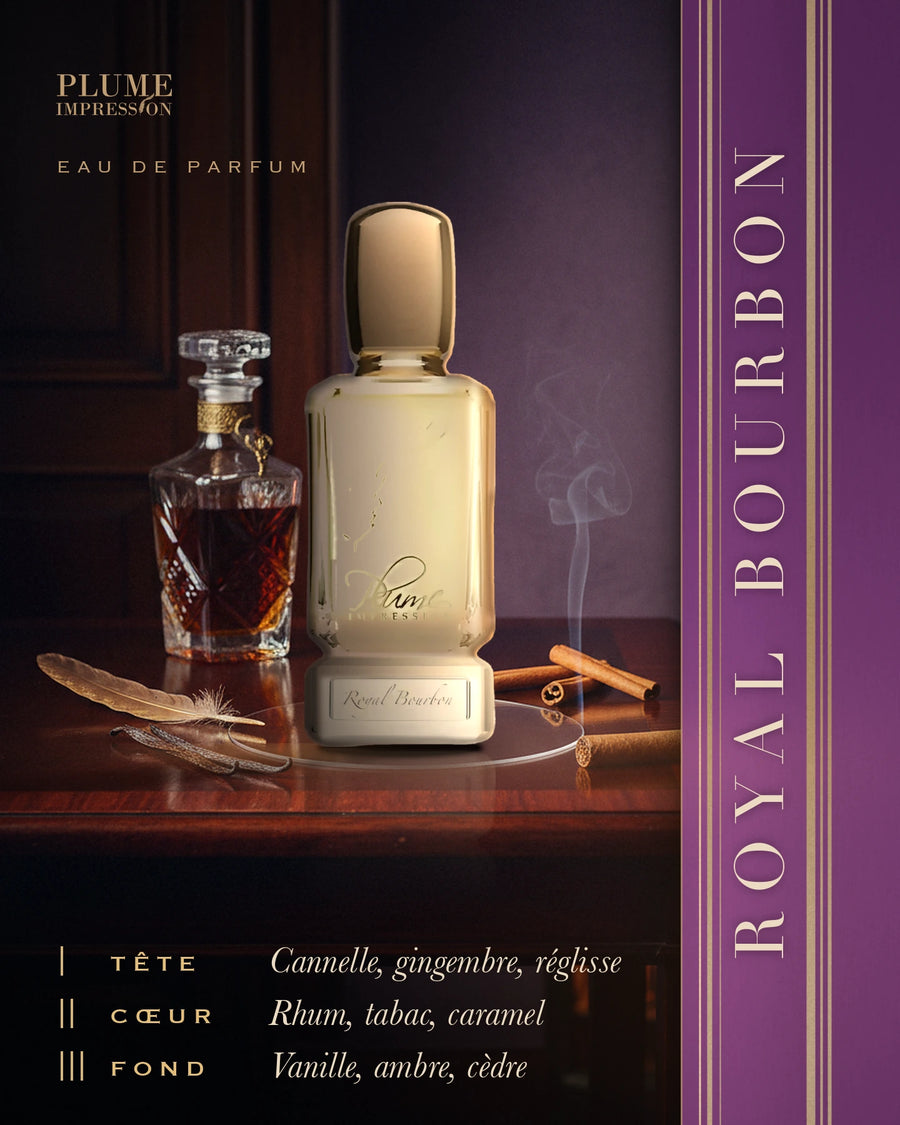 Plume Impression — Plume Impression Royal Bourbon Eau de Parfum : visuel de la sélection automne-hiver (flacon, notes de tête, de cœur et de fond)