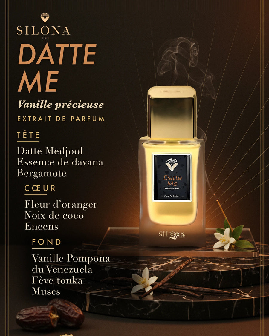 Silona Paris — Silona Paris Datte Me Extrait de Parfum : visuel de la sélection automne-hiver (flacon, notes de tête, de cœur et de fond)