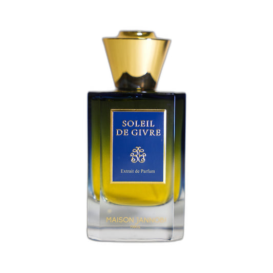 MAISON JANNOBI Soleil de Givre Extrait de Parfum 100 ml — flacon étiquette bleue et bouchon doré sur fond blanc, hespéridé ambré, parfumerie française