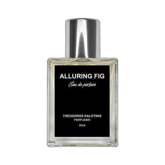 THEODOROS KALOTINIS Alluring Fig Eau de Parfum 50ml — flacon transparent étiquette noire signature, parfumerie niche grecque fruité vert lacté figue feuille figuier vanille