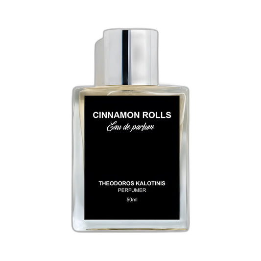THEODOROS KALOTINIS Cinnamon Rolls Eau de Parfum 50ml — flacon transparent étiquette noire signature, parfumerie niche grecque gourmand pâtissier cannelle vanille beurre