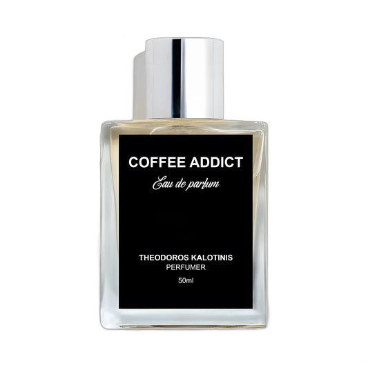 THEODOROS KALOTINIS Coffee Addict Eau de Parfum 50ml — flacon transparent étiquette noire signature, parfumerie niche grecque oriental gourmand café arabica vanille caramel