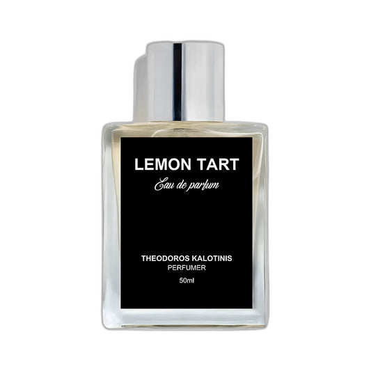 THEODOROS KALOTINIS Lemon Tart Eau de Parfum 50ml — flacon transparent étiquette noire signature, parfumerie niche grecque gourmand pâtissier citron vanille