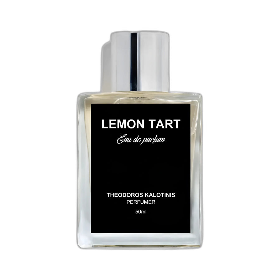 THEODOROS KALOTINIS Lemon Tart Eau de Parfum 50ml — flacon transparent étiquette noire signature, parfumerie niche grecque gourmand pâtissier citron vanille