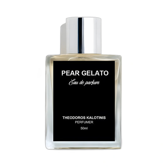 THEODOROS KALOTINIS Pear Gelato Eau de Parfum 50ml — flacon transparent étiquette noire signature, parfumerie niche grecque gourmand vanillé poire