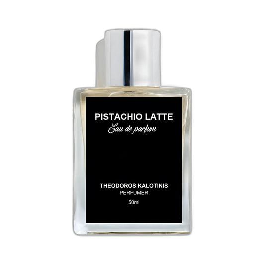 THEODOROS KALOTINIS Pistachio Latte Eau de Parfum 50ml — flacon transparent étiquette noire signature, parfumerie niche grecque gourmand lacté pistache lait vanille