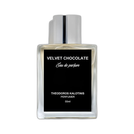 THEODOROS KALOTINIS Velvet Chocolate Eau de Parfum 50ml — flacon transparent étiquette noire signature, parfumerie niche grecque gourmand chocolaté cacao vanille tonka